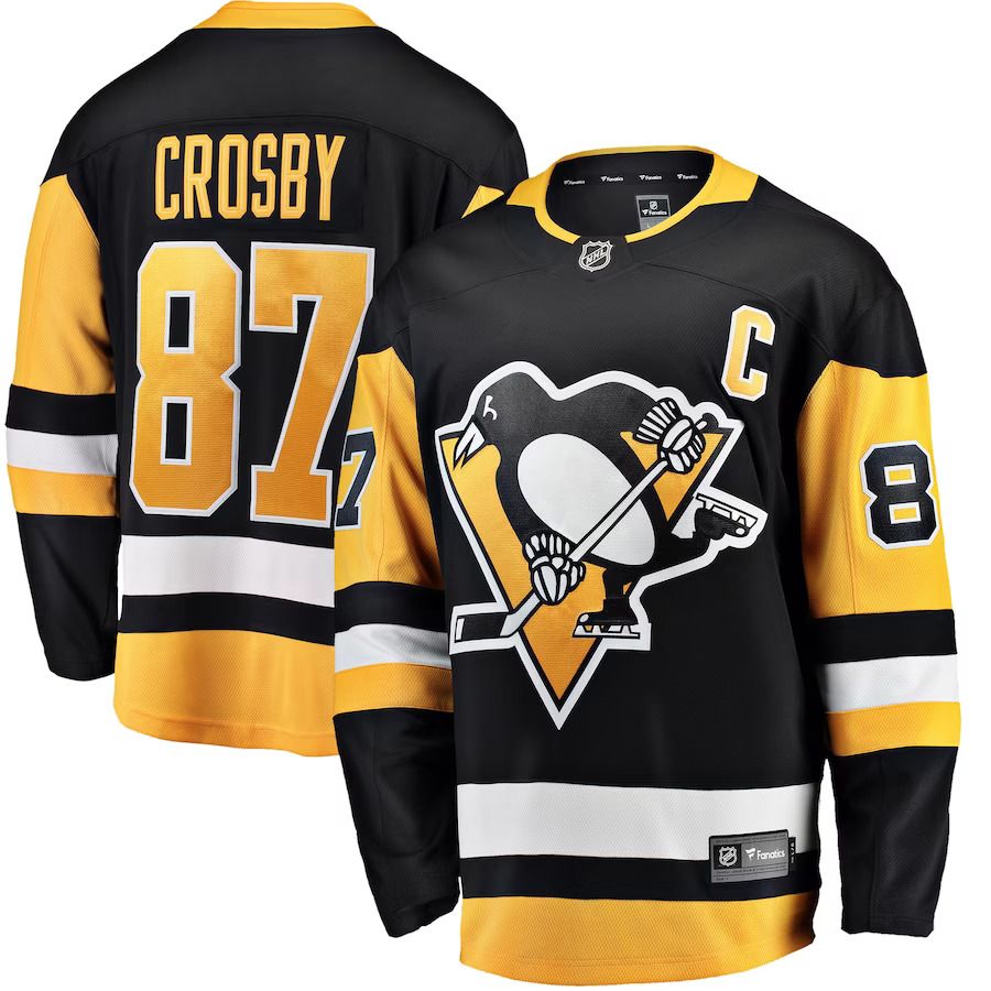 Men Pittsburgh Penguins #87 Sidney Crosby Fanatics Branded Black Captain Patch Home Breakaway NHL Jersey